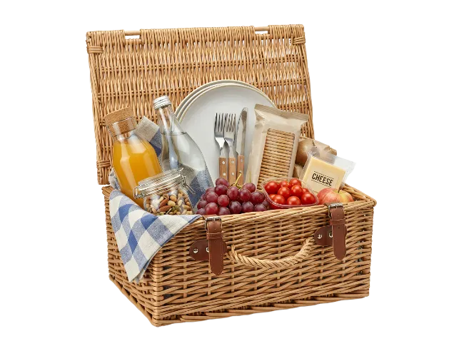 Open Wicker Picnic Basket Filled with Food and Drinks