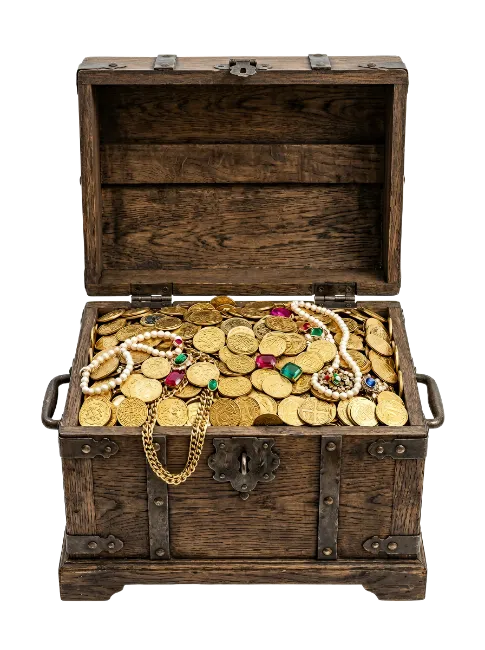 Open Wooden Treasure Chest Filled With Gold Coins And Jewels