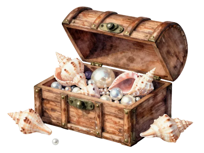 Open Wooden Treasure Chest Filled With Pearls and Seashells