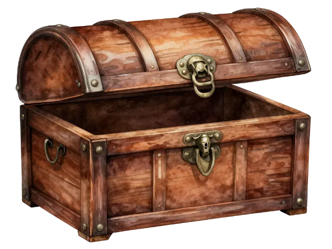 Open Wooden Treasure Chest with Metal Clasp