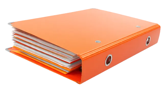 Orange ring binder with paper documents