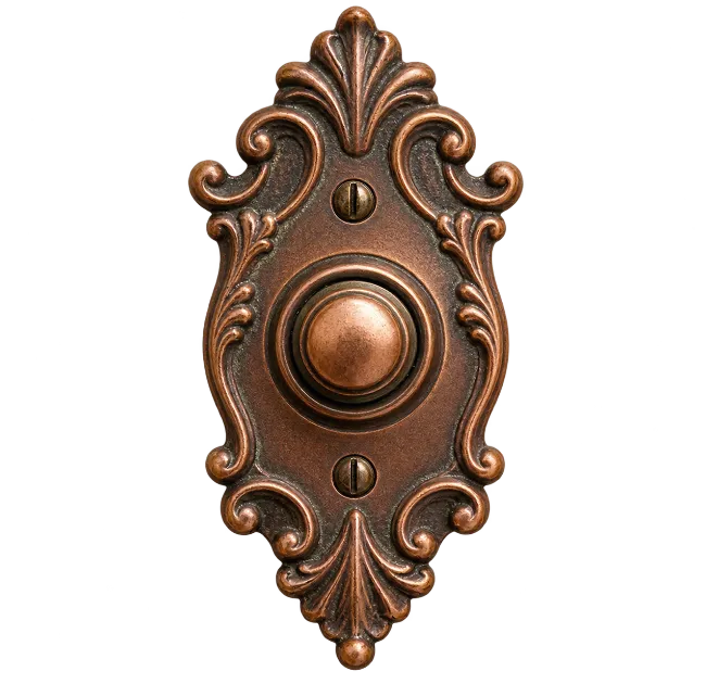Ornate Antique Copper Doorbell Button with Floral Scrollwork