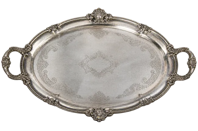Ornate Antique Silver Serving Tray with Handles