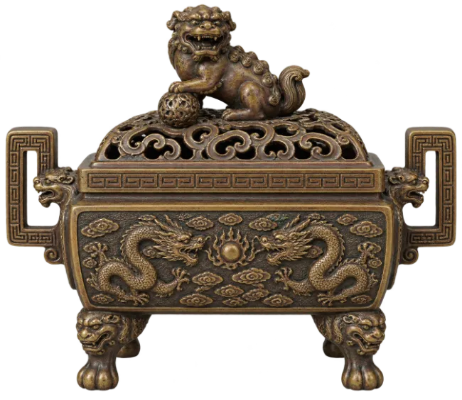 Ornate Bronze Chinese Censer with Dragon and Foo Lion