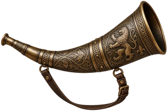 Ornate Bronze Hunting Horn with Leather Strap