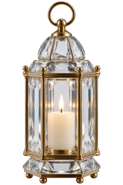 Ornate crystal and brass decorative candle lantern