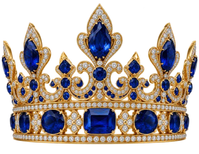 Ornate Golden Crown with Blue Sapphire Gemstones