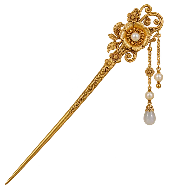 Ornate Golden Hairpin With Pearls