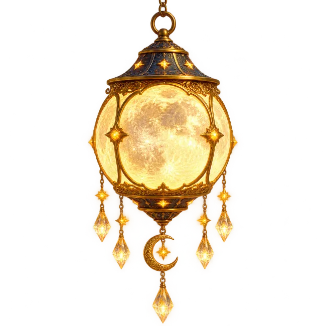 Ornate Golden Hanging Celestial Lantern with Moon Motif