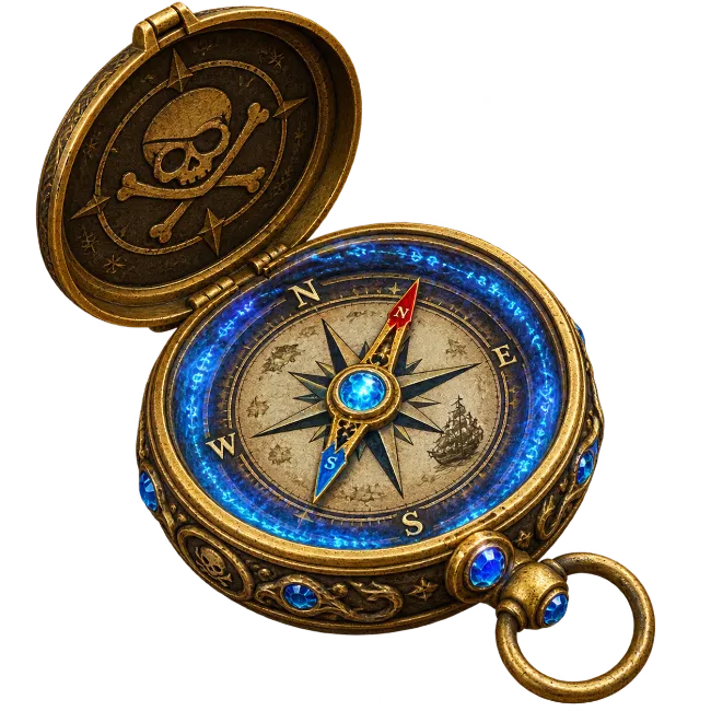 Ornate Golden Pirate Compass with Magical Blue Glow