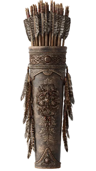 Ornate Leather Quiver with Feathered Arrows