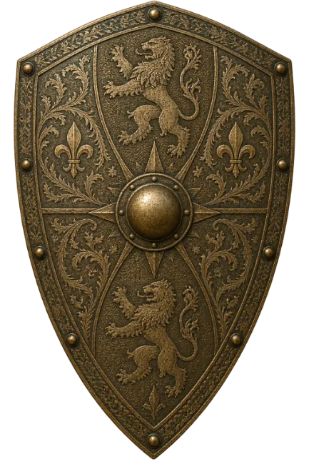 Ornate Medieval Shield with Lions and Fleur de Lis
