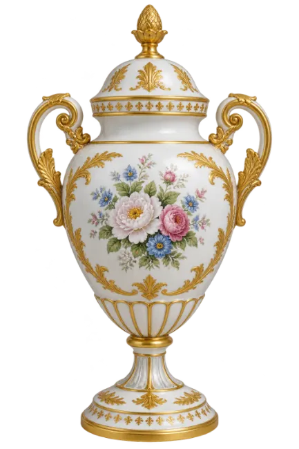 Ornate Porcelain Urn with Floral Decors and Gold Accents