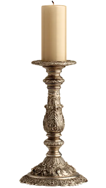 Ornate Silver Candlestick with Cream Candle