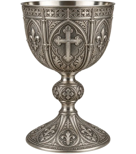 Ornate Silver Chalice with Cross and Gothic Details