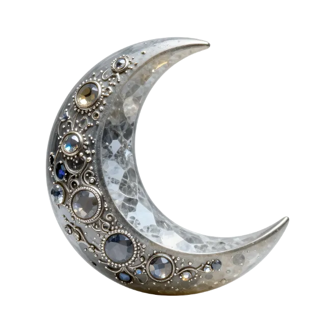 Ornate Silver Crescent Moon with Gemstones
