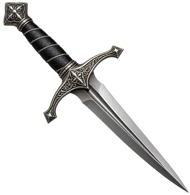 Ornate Silver Dagger with Black Leather Hilt