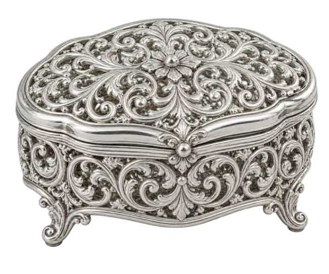 Ornate Silver Jewelry Box with Filigree Design