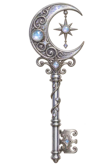 Ornate Silver Magic Key with Crescent Moon