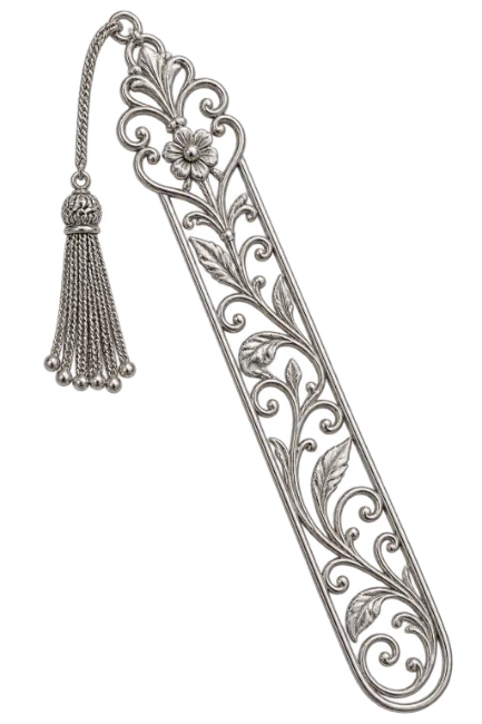 Ornate Silver Metal Bookmark with Tassel