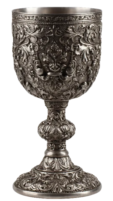 Ornate silver metal goblet with intricate vintage engravings