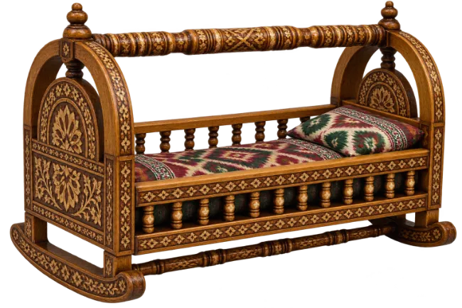 Ornate Wooden Baby Cradle with Traditional Pattern Bedding
