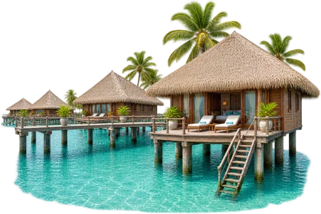 Overwater Bungalows in Tropical Lagoon