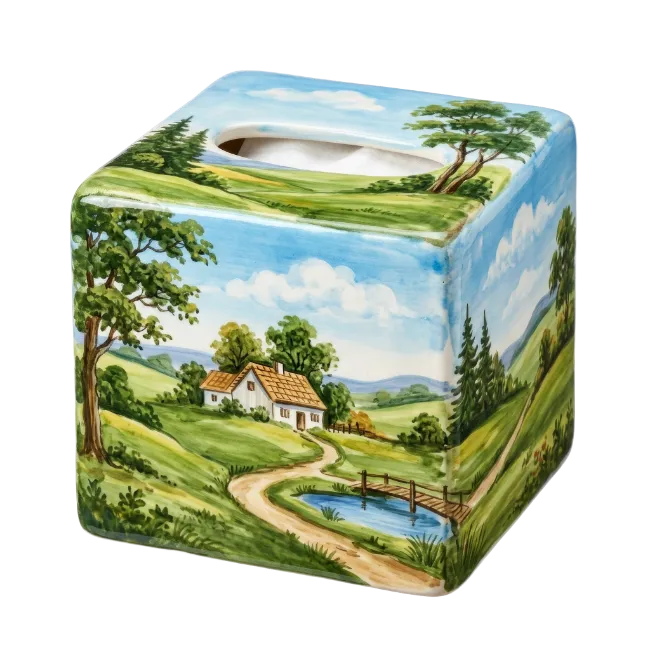 Painted Ceramic Tissue Box Cover with Country Landscape