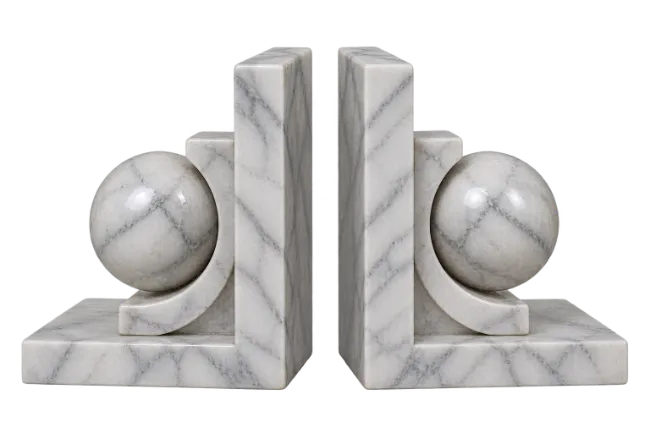 Pair of White Marble Bookends with Spheres