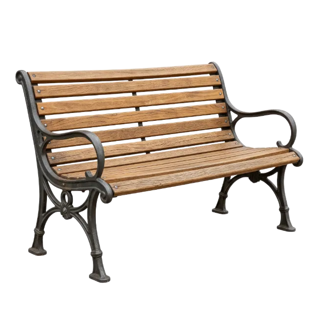 Park Bench with Wooden Slats and Metal Frame
