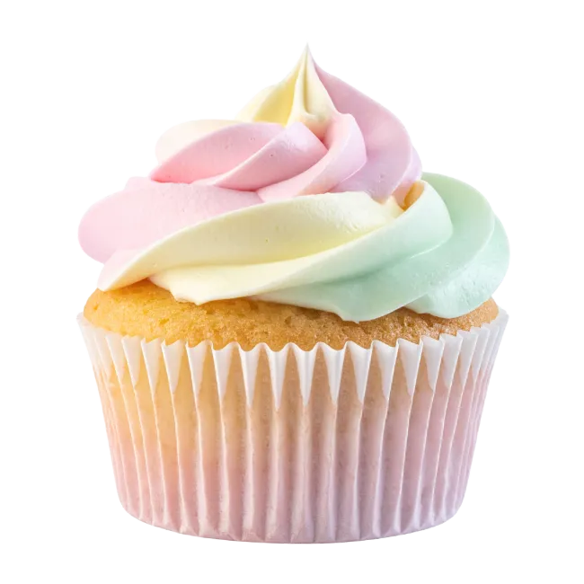 Pastel frosted cupcake with sprinkles in paper liner