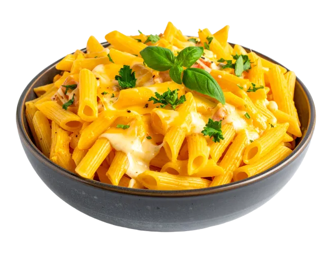 Penne pasta with cheese sauce in bowl