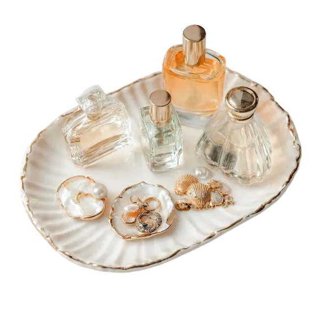 Perfume Bottles and Jewelry on White Tray
