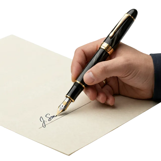 Person Writing Signature with Fountain Pen on Paper
