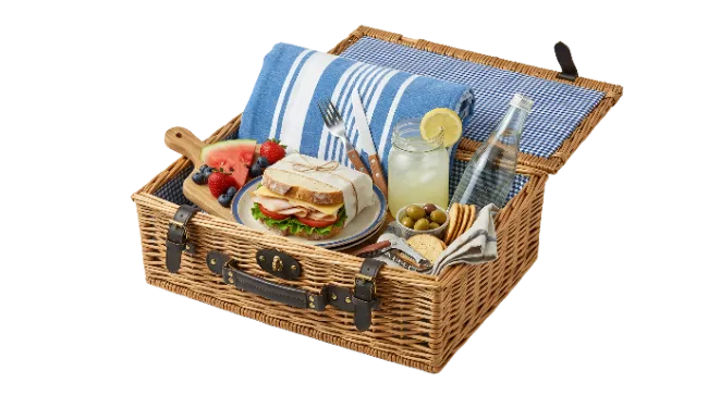 Picnic Basket Filled with Food and Drink