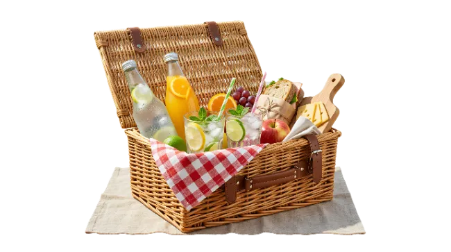 Picnic Basket Filled With Food And Drinks