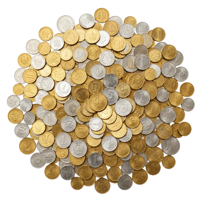 Pile of Mixed Golden and Silver Coins