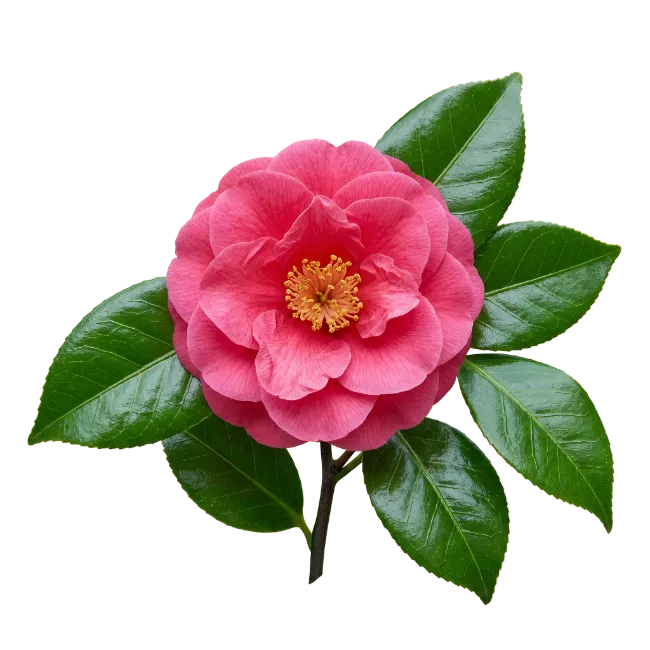 Pink Camellia Flower with Green Leaves