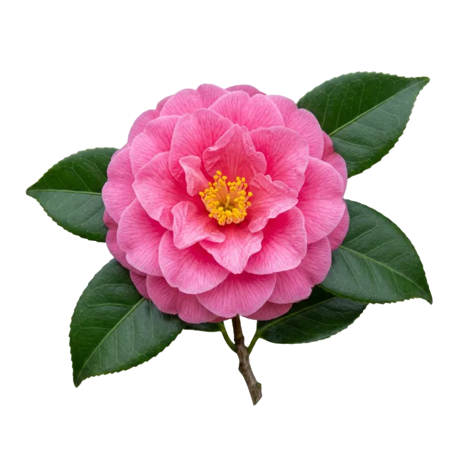 Pink Camellia Flower with Green Leaves