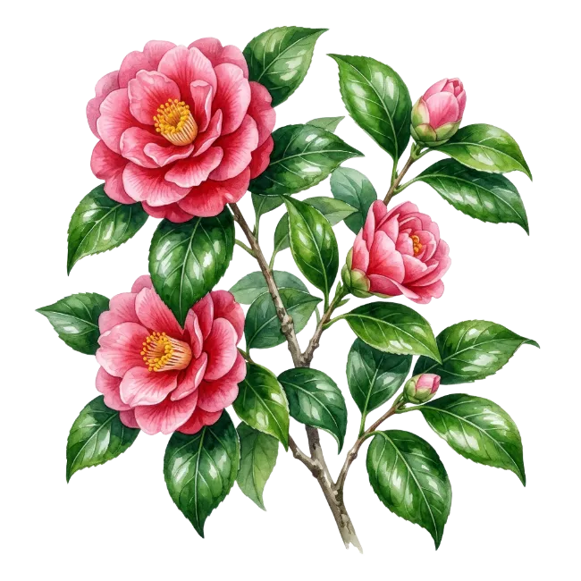 Pink Camellia Flowers with Green Leaves
