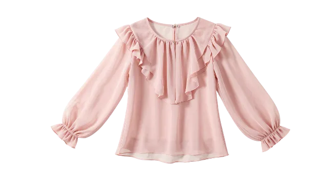 Pink Chiffon Long Sleeve Ruffled Blouse