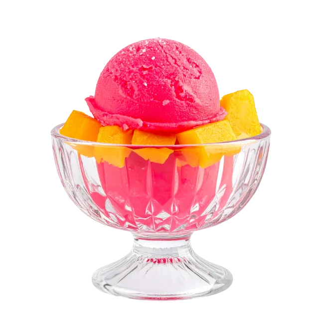 Pink Ice Cream Scoop with Mango Chunks in Glass Bowl