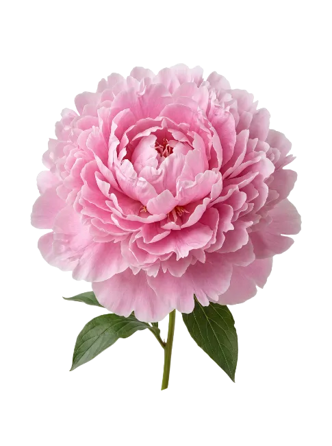 Pink Peony Flower with Stem and Leaves