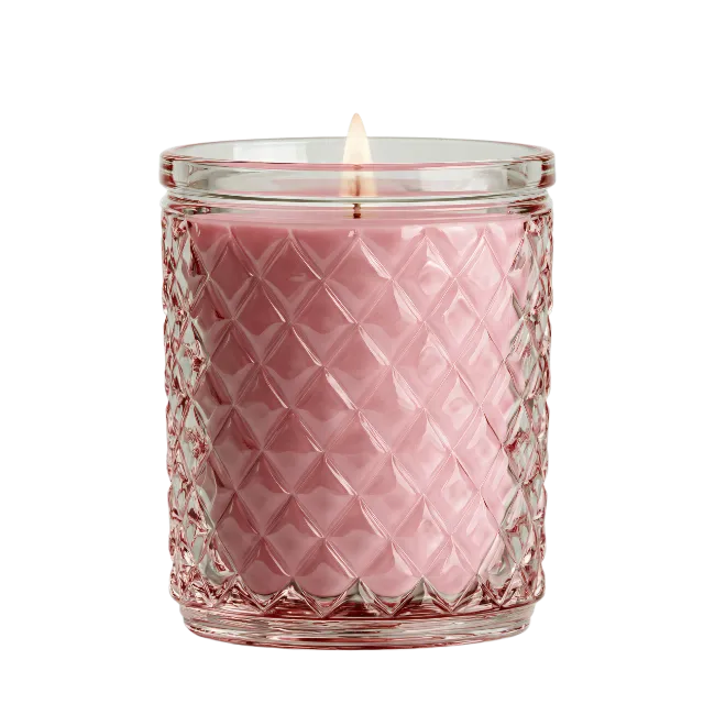 Pink scented candle in glass jar