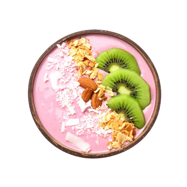 Pink smoothie bowl with kiwi and almonds