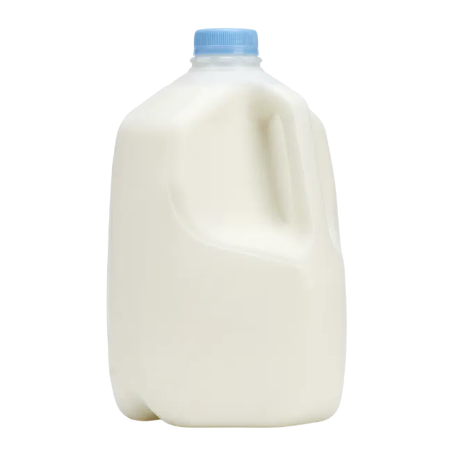 Plastic gallon jug of fresh whole milk