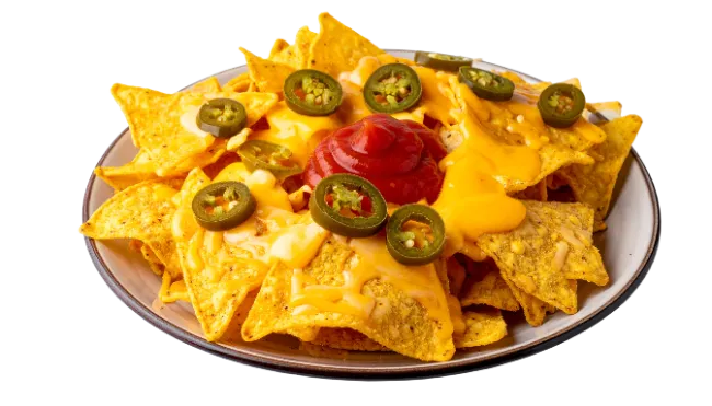 Plate of Nachos with Melted Cheese and Jalapenos