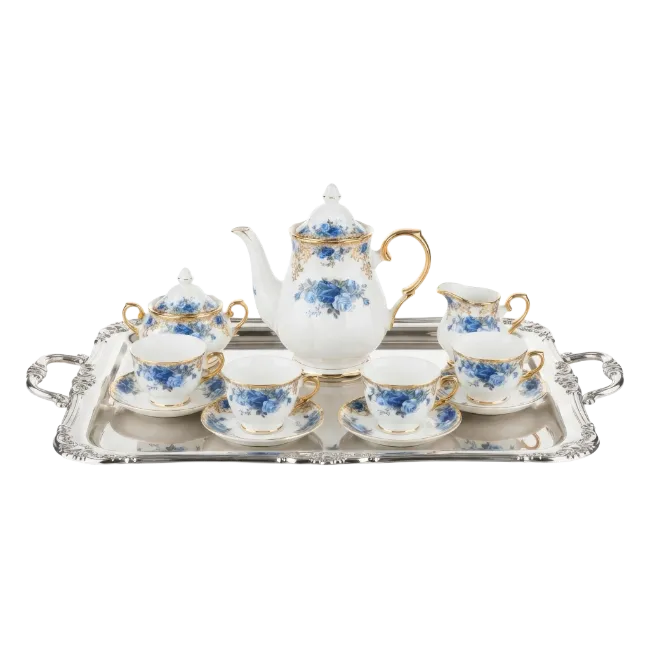Porcelain Tea Set on Silver Tray