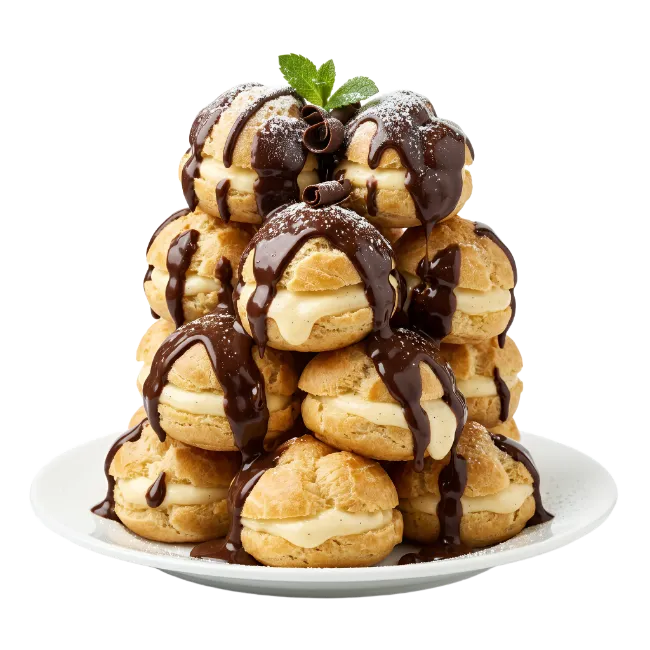 Profiterole tower with chocolate sauce