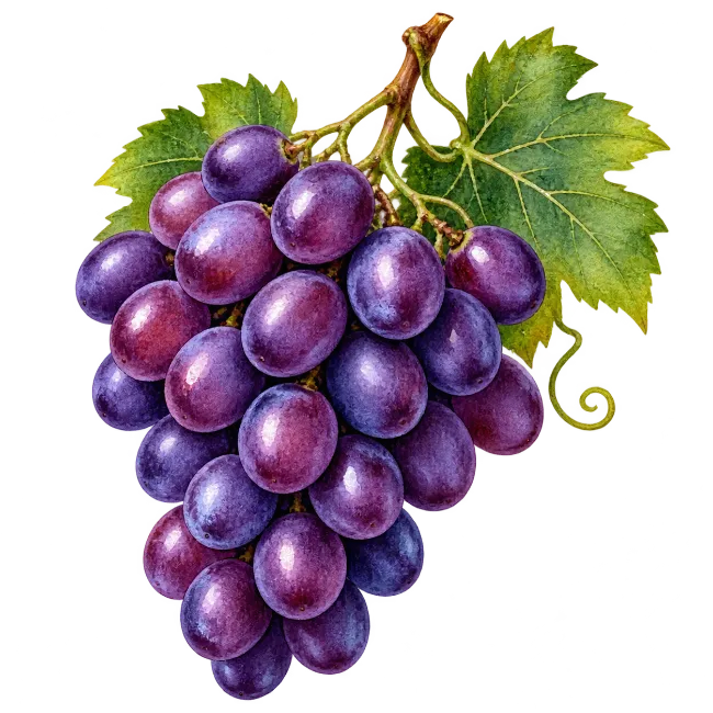 Purple Grapes Cluster with Leaves